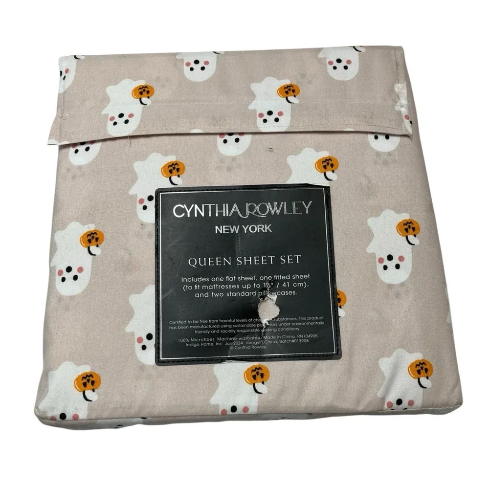 Cynthia Rowley Queen Sheet Set Pink Ghost Pumpkin Print Halloween Whimsy 4 PC